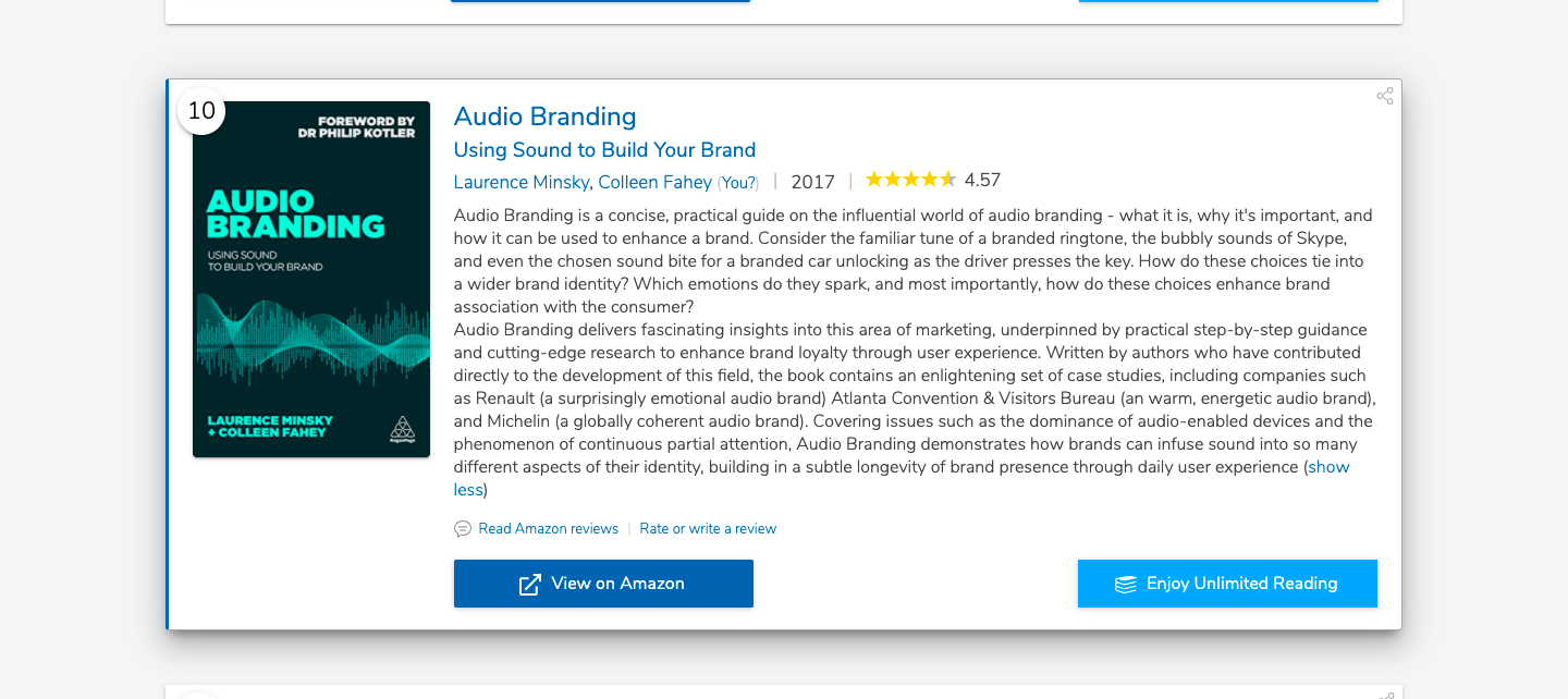 Audio Branding #10 in Book Authority’s “Best Branding Books of All Time”